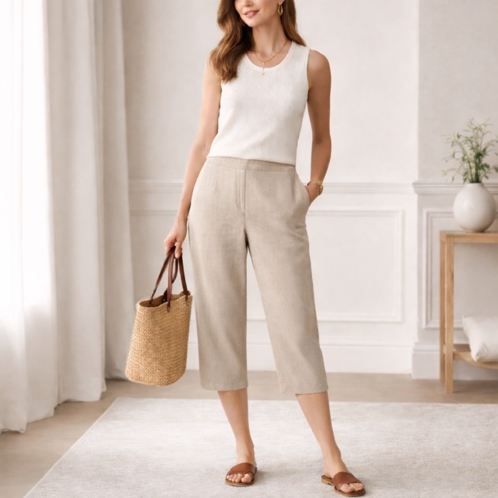 J. Jill Tan Love Linen Lagenlook Coastal High Rise Pull On Cropped Pants Size M
